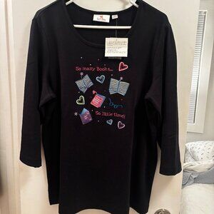 NWT Quacker Factory Embellished Rhinestone 3/4 Length Sleeve Black T-Shirt Sz L